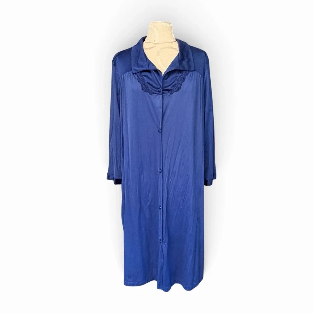 VANITY FAIR Nightgown Gown Robe Button Up Nylon Periwinkle Vintage XL Tradwife